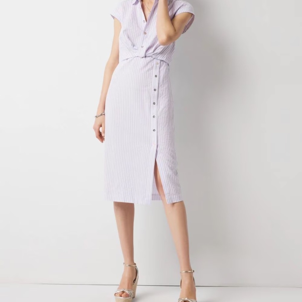White House Black Market lavender striped button dress